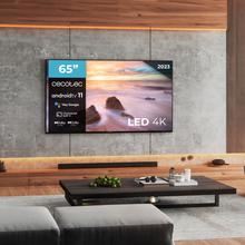TV LED de 65" com resolução 4K UHD, sistema operativo Android TV 11, Chromecast, HDR10+, Google Voice Assistant, Classe E, com suporte central.