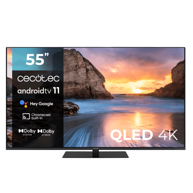 ‌TV Cecotec V1Z+ series VQU11055Z+ TV QLED 55” com resolução 4K UHD e sistema operacional Android TV 11, Subwoofers, Chromecast, HDR10+, Google Voice Assistant, Classe E