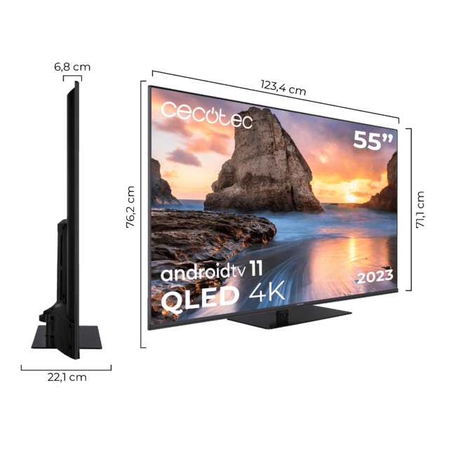 TV Cecotec V1Z+ series VQU11055Z+ Televisión QLED 55” con resolución 4K UHD, sistema operativo Android TV 11, subwoofers, Chromecast, HDR10+, Google Voice Assistant, clase E.