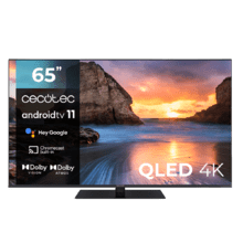 TV QLED de 65" com resolução 4K UHD, sistema operativo Android TV 11, Subwoofers, Chromecast, HDR10+, Google Voice Assistant, Classe E.