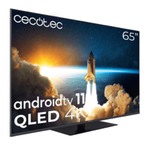 TV QLED de 65" com resolução 4K UHD, sistema operativo Android TV 11, Subwoofers, Chromecast, HDR10+, Google Voice Assistant, Classe E.