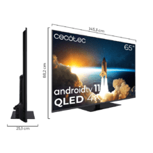 TV QLED de 65" com resolução 4K UHD, sistema operativo Android TV 11, Subwoofers, Chromecast, HDR10+, Google Voice Assistant, Classe E.