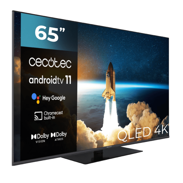TV QLED de 65" com resolução 4K UHD, sistema operativo Android TV 11, Subwoofers, Chromecast, HDR10+, Google Voice Assistant, Classe E.