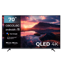 ‌TV V1+ series VQU11070+ TV QLED 70 com resolução 4K UHD e sistema operacional Android TV 11, subwoofers, Chromecast, HDR10+, Google Voice Assistant, Classe E