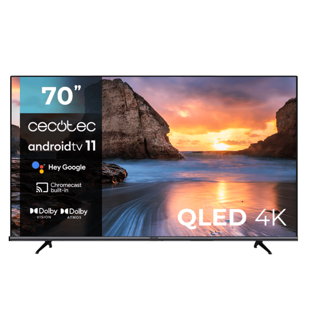 ‌TV V1+ series VQU11070+ TV QLED 70 com resolução 4K UHD e sistema operacional Android TV 11, subwoofers, Chromecast, HDR10+, Google Voice Assistant, Classe E