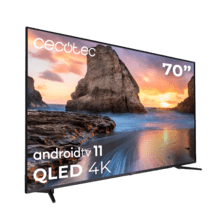 ‌TV V1+ series VQU11070+ TV QLED 70 com resolução 4K UHD e sistema operacional Android TV 11, subwoofers, Chromecast, HDR10+, Google Voice Assistant, Classe E