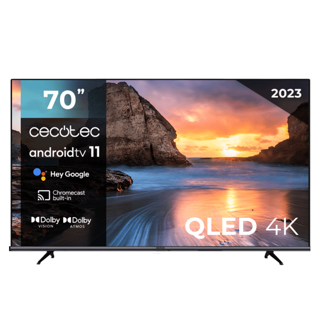 ‌TV V1+ series VQU11070+ TV QLED 70 com resolução 4K UHD e sistema operacional Android TV 11, subwoofers, Chromecast, HDR10+, Google Voice Assistant, Classe E