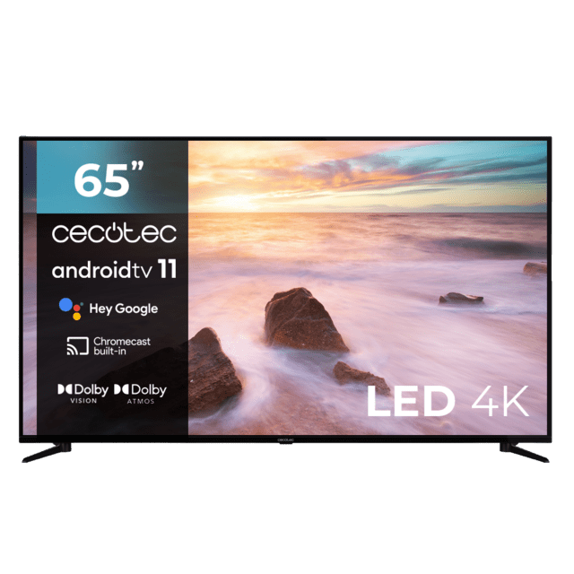 TV LED de 65" com resolução 4K UHD, sistema operativo Android TV 11, Chromecast, HDR10+, Google Voice Assistant, Classe E.