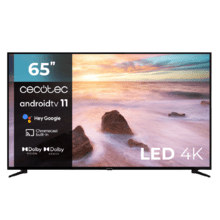 TV LED de 65" com resolução 4K UHD, sistema operativo Android TV 11, Chromecast, HDR10+, Google Voice Assistant, Classe E.
