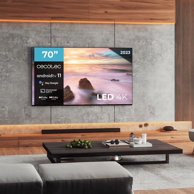 TV LED de 70" com resolução 4K UHD, sistema operativo Android TV 11, Chromecast, HDR10+, Google Voice Assistant, Classe E.