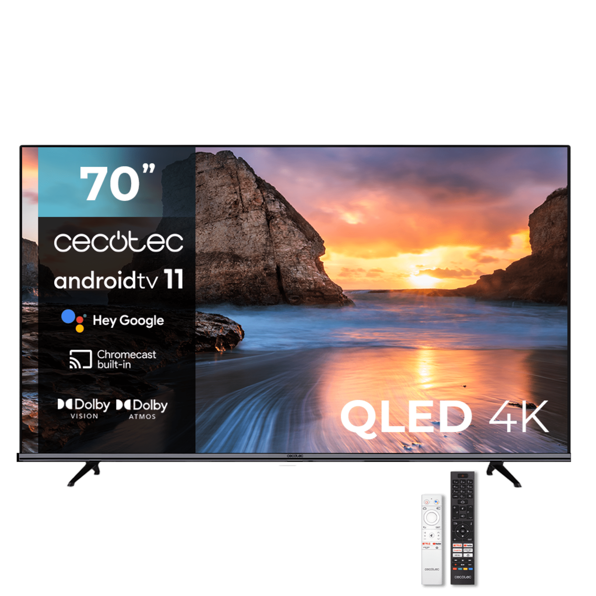 TV v1+ series vqu11070+s TV QLED 4K, 70" Pulgadas, Smart TV Android 11, Dolby Vision, Dolby Atmos, HDMI 2., Atenuación local MicroDimming, HDR10, Audio 24W, DTS Virtual X + DTS X, 2 Mandos (1 smart), SubWoofer integrado, MEMC, Eye Safe, Chromecast, Miracast, Compatible Google Voice Assistant, USB PVR