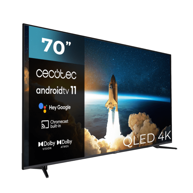 TV QLED de 70" com resolução 4K UHD, sistema operativo Android TV 11, Subwoofers, Chromecast, HDR10+, Google Voice Assistant, Classe E.