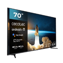 TV v1+ series vqu11070+s TV QLED 4K, 70" Pulgadas, Smart TV Android 11, Dolby Vision, Dolby Atmos, HDMI 2., Atenuación local MicroDimming, HDR10, Audio 24W, DTS Virtual X + DTS X, 2 Mandos (1 smart), SubWoofer integrado, MEMC, Eye Safe, Chromecast, Miracast, Compatible Google Voice Assistant, USB PVR