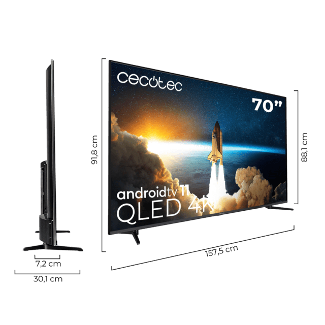 TV QLED de 70" com resolução 4K UHD, sistema operativo Android TV 11, Subwoofers, Chromecast, HDR10+, Google Voice Assistant, Classe E.