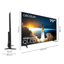 TV QLED de 70" com resolução 4K UHD, sistema operativo Android TV 11, Subwoofers, Chromecast, HDR10+, Google Voice Assistant, Classe E.