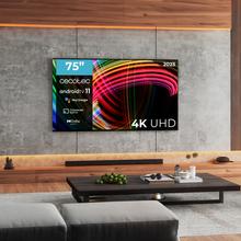 LED TV série A3 ALU30075S Televisão LED de 75" com resolução 4K UHD, sistema operacional Android TV 11, Google Voice Assistant e Chromecast.