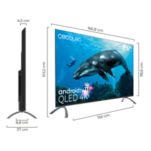 TV QLED V2 Series VQU20075 TV QLED de 75", grandes dimensões, resolução 4K UHD, Android TV 11, Wide Colour Gamut, Dolby Vision & Atmos, MEMC, HDR10, HDMI 2.1, USB 3.0, CORTEX A55, Google Voice Assistant, Chromecast e Altifalantes.