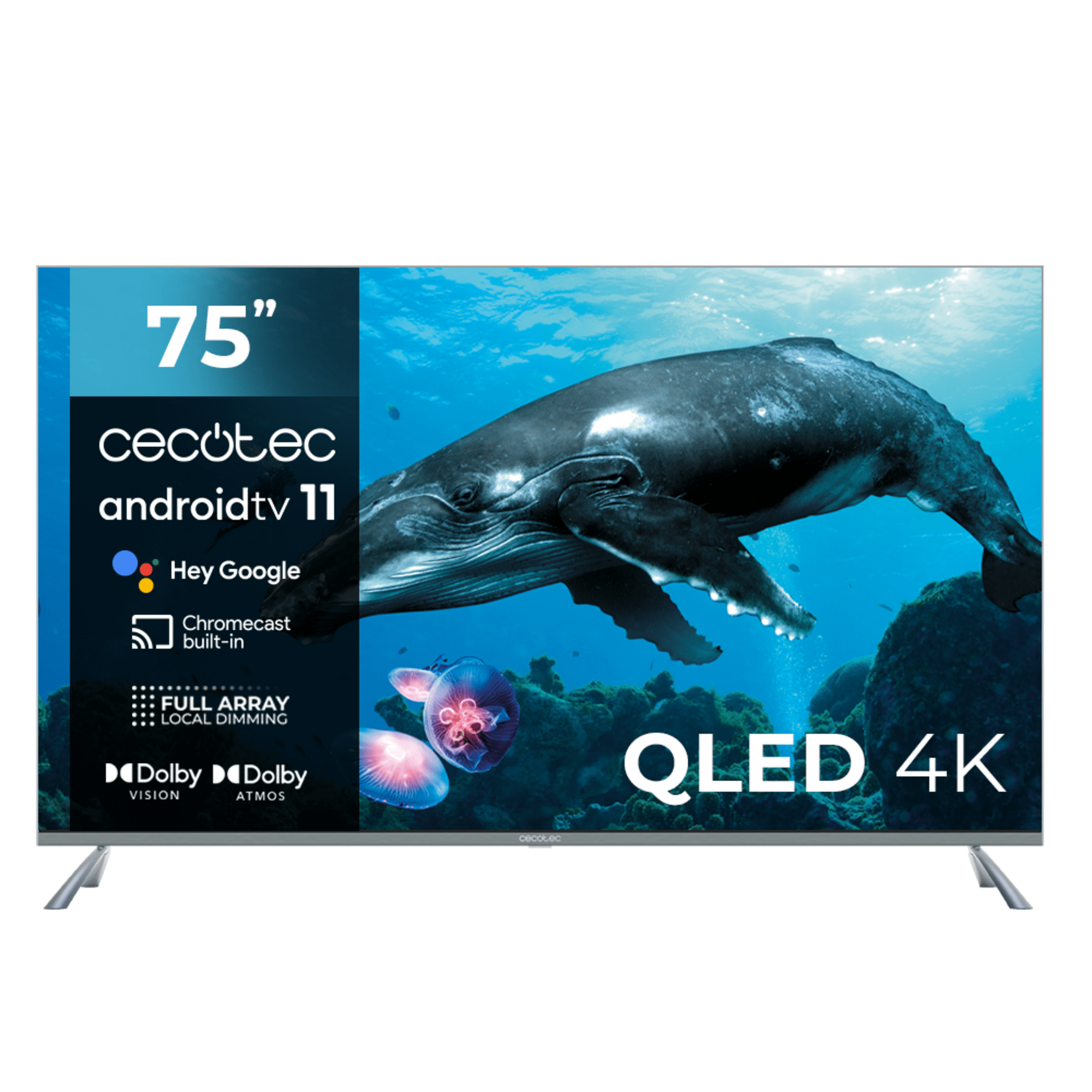 TV QLED V2 Series VQU20075 TV QLED de 75", grandes dimensões, resolução 4K UHD, Android TV 11, Wide Colour Gamut, Dolby Vision & Atmos, MEMC, HDR10, HDMI 2.1, USB 3.0, CORTEX A55, Google Voice Assistant, Chromecast e Altifalantes.