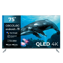 TV QLED V2 Series VQU20075 TV QLED de 75", grandes dimensões, resolução 4K UHD, Android TV 11, Wide Colour Gamut, Dolby Vision & Atmos, MEMC, HDR10, HDMI 2.1, USB 3.0, CORTEX A55, Google Voice Assistant, Chromecast e Altifalantes.