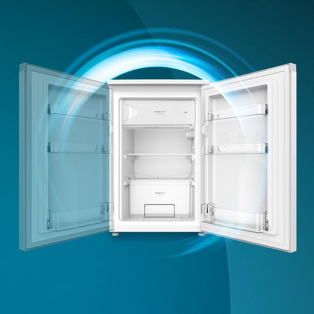 Bolero CoolMarket TT 107 White Mini frigorífico de 107 litros de capacidad, color blanco, clase E, temperatura regulable, Crisper Box, cajón congelador y nivel sonoro bajo.