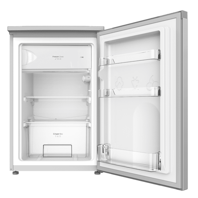 Bolero CoolMarket TT 107 Inox Mini frigorífico de 107 litros de capacidad, color Inox, clase E, temperatura regulable, Crisper Box, cajón congelador y nivel sonoro bajo.