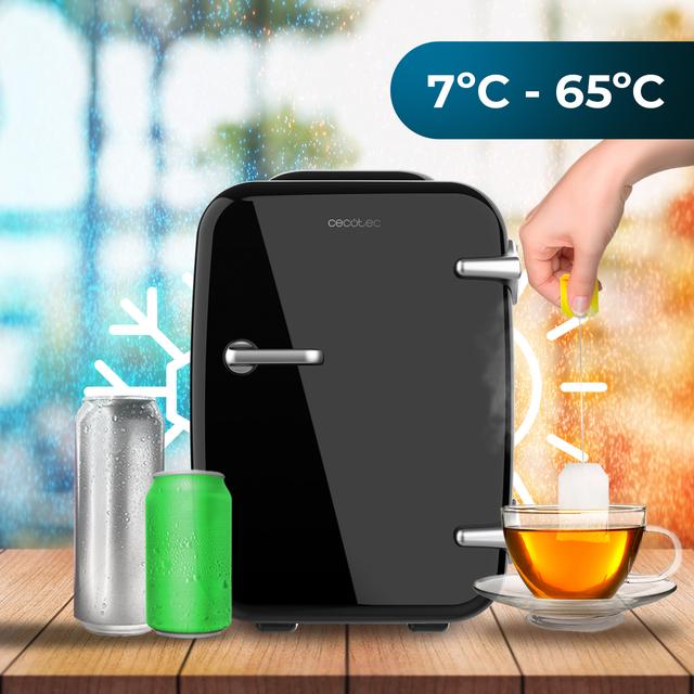 Réfrigérateur Bolero MiniCooling 4L Habana Noir avec fonctionnement 12 V-220 V, compatible avec les voitures et caravanes, fonction de refroidissement et de chauffage, plage de température de 7-65º, transport facile.