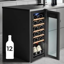 Cave de vinho Bolero GrandSommelier 1230 CoolWood Compressor Cave de vinho de 12 garrafas de capacidade com sistema compressor de arrefecimento, que garante um alto desempenho. Temperatura regulável e luz LED interior.