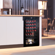 Bolero GrandSommelier 34030 Black Compressor Wine cooler with 34-bottle capacity and compressor cooling system for high performance. Température réglable et éclairage intérieur LED.