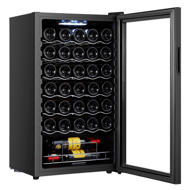 Bolero GrandSommelier 34030 Black Compressor Cave de vinho de 34 garrafas de capacidade com sistema compressor de arrefecimento, que garante um alto desempenho. Temperatura regulável e luz LED interior.