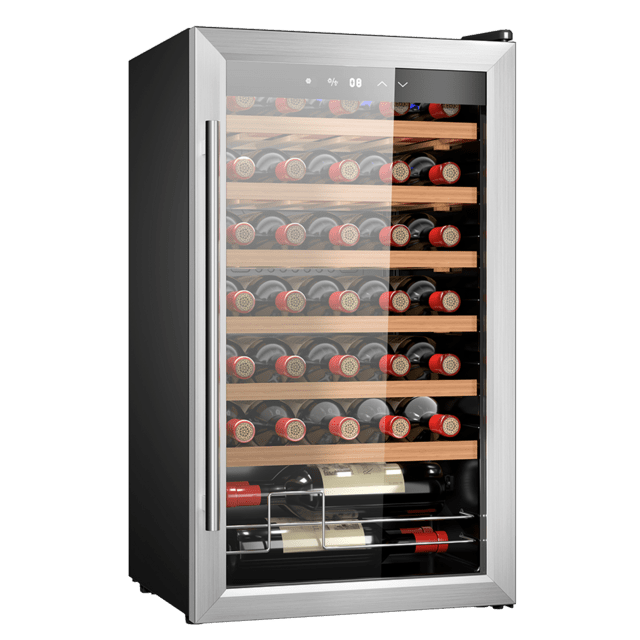 Bolero GrandSommelier 34030 Inox Compressor Wine cooler con capacità di 34 bottiglie e sistema di raffreddamento a compressore per alte prestazioni. Temperatura regolabile e luce interna a LED.