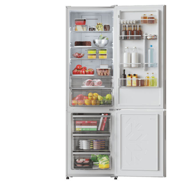 Bolero CoolMarket Combi 356 Glass Grey D Frigorífico com 356 litros de capacidade, 200 cm de altura, 60 cm de largura, motor Inverter Plus e classe D. Com sistema Multi AirFlow, Total No Frost e 2 gavetas para produtos frescos.