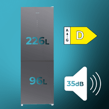 Bolero CoolMarket Combi 322 Glass Grey D Frigorífico combi de cristal color gris, con 322 litros de capacidad, 185 cm de alto y 60 cm de ancho, motor inverter y clase D, Metal Cooling, Total No Frost y 2 cajones para los productos frescos.