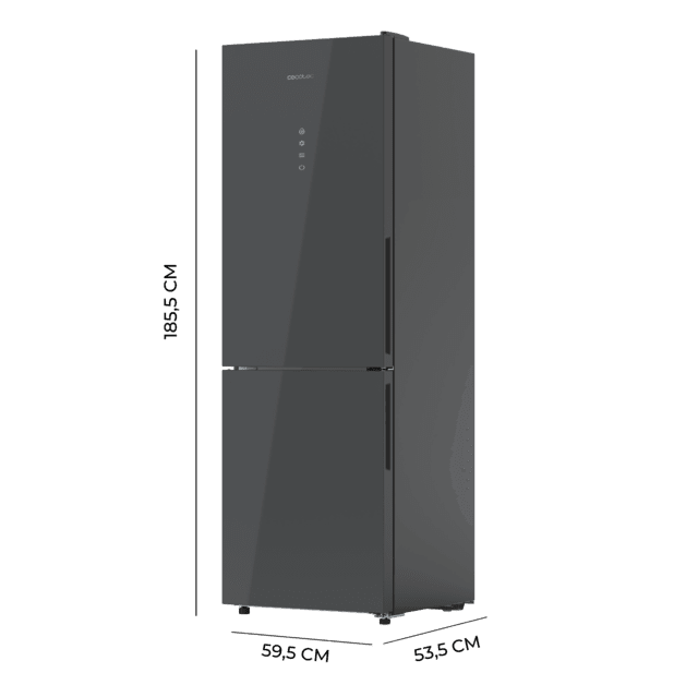 Bolero CoolMarket Combi 322 Glass Grey D Frigorífico Combi de vidro cor preto com capacidade de 322 l, 185 cm de altura e 60 cm de largura, Motor Inverter Plus, classe D, com sistema Metal Cooling, Total No Frost e 2 gaveta para produtos frescos.