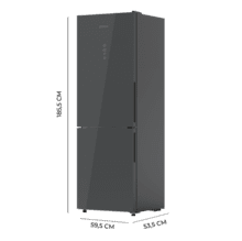 Bolero CoolMarket Combi 322 Glass Grey D Frigorífico combi de cristal color gris, con 322 litros de capacidad, 185 cm de alto y 60 cm de ancho, motor inverter y clase D, Metal Cooling, Total No Frost y 2 cajones para los productos frescos.