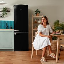 Bolero CoolMarket Combi Origin 294 Black E Frigorífico Retro Combi Black de 294 L de capacidad,190cm de alto y 60 de ancho, clase E, Total No Frost, Multi Cooling, Ultra Fresh, Convertible Box, Multi Air Flow, Fast Freezing, Modo Eco, Botellero y Alarma en puerta.