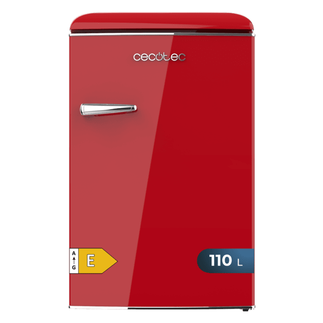 Bolero CoolMarket TT Origin 110 Red E Retro mini refrigerador com capacidade de 110L, classe E, ICEBOX, LED interno, alça cromada e bandejas de vidro.