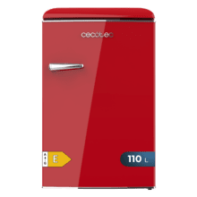 Bolero CoolMarket TT Origin 110 Red E Retro mini refrigerador com capacidade de 110L, classe E, ICEBOX, LED interno, alça cromada e bandejas de vidro.