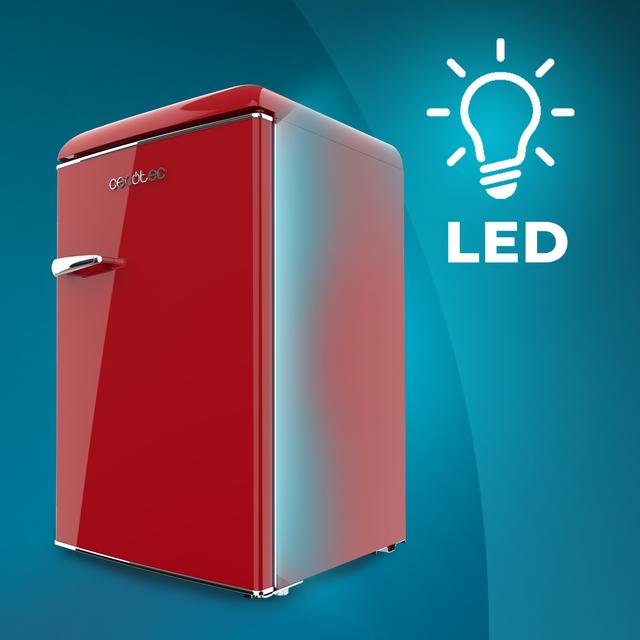 Bolero CoolMarket TT Origin 110 Red E Retro mini refrigerador com capacidade de 110L, classe E, ICEBOX, LED interno, alça cromada e bandejas de vidro.