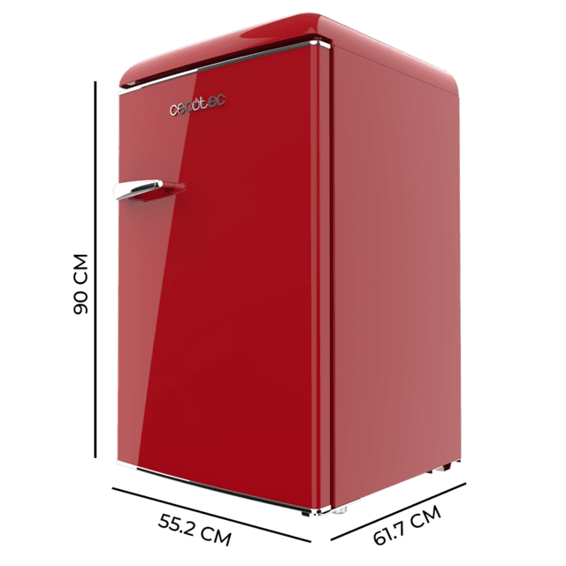 Bolero CoolMarket TT Origin 110 Red E Retro mini refrigerador com capacidade de 110L, classe E, ICEBOX, LED interno, alça cromada e bandejas de vidro.