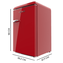 Bolero CoolMarket TT Origin 110 Red E Retro mini refrigerador com capacidade de 110L, classe E, ICEBOX, LED interno, alça cromada e bandejas de vidro.