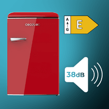 Bolero CoolMarket TT Origin 110 Red E Retro mini refrigerador com capacidade de 110L, classe E, ICEBOX, LED interno, alça cromada e bandejas de vidro.