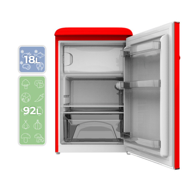 Bolero CoolMarket TT Origin 110 Red E Retro mini refrigerador com capacidade de 110L, classe E, ICEBOX, LED interno, alça cromada e bandejas de vidro.