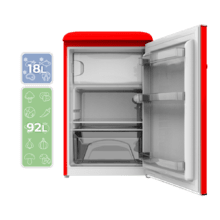 Bolero CoolMarket TT Origin 110 Red E Retro mini refrigerador com capacidade de 110L, classe E, ICEBOX, LED interno, alça cromada e bandejas de vidro.