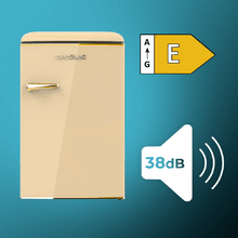 Bolero CoolMarket TT Origin 110 Beige E Mini frigorífico retro TT Origin Beige con capacidad de 110L, clase E, ICEBOX, Luz interior y tirador gold.