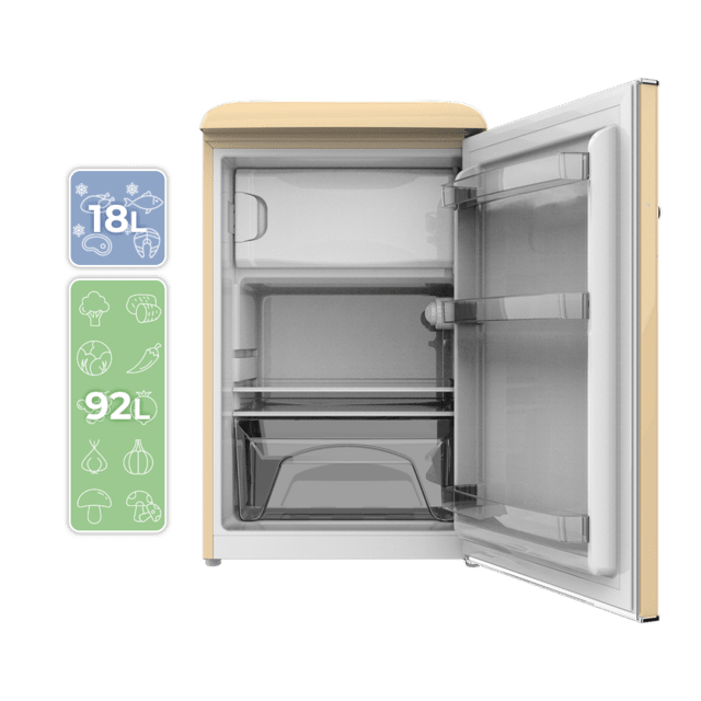 ‌Bolero CoolMarket TT Origin 110 Beige E Mini-Frigorífico retro com 110 L de capacidade, classe E, IceBox, LED interior, pega cromada e prateleiras de vidro.