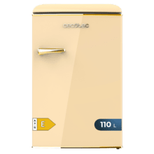 Bolero CoolMarket TT Origin 110 Beige E Mini frigorífico retro TT Origin Beige con capacidad de 110L, clase E, ICEBOX, Luz interior y tirador gold.
