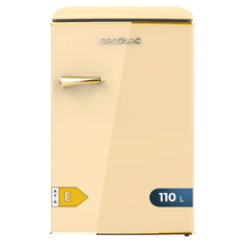 ‌Bolero CoolMarket TT Origin 110 Beige E Mini-Frigorífico retro com 110 L de capacidade, classe E, IceBox, LED interior, pega cromada e prateleiras de vidro.