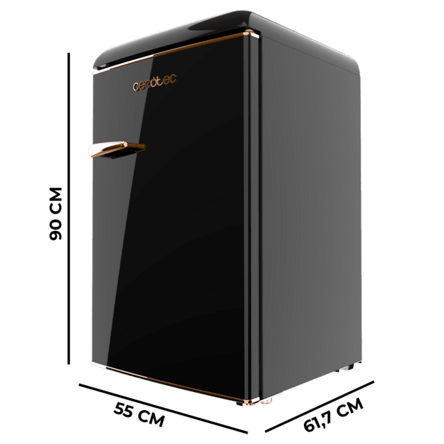 Bolero CoolMarket TT Origin 110 Black E Mini-réfrigérateur rétro d'une capacité de 110 L, classe E, ICEBOX, LED intérieure, poignée chromée et plateaux en verre.