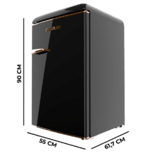 ‌Bolero CoolMarket TT Origin 110 Black E Mini-Frigorífico retro com 110 L de capacidade, classe E, IceBox interior, pega cromada, prateleiras de vidro e controlo de temperatura.