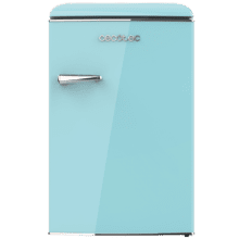 Bolero CoolMarket TT Origin 110 Blue E Mini-réfrigérateur rétro d'une capacité de 110 L, classe E, ICEBOX, LED intérieure, poignée chromée et plateaux en verre.